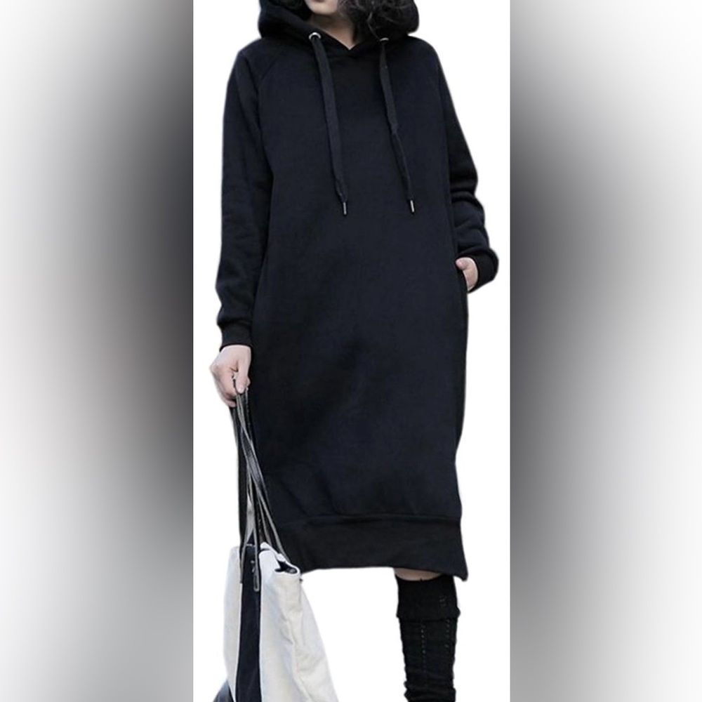Womens black long fleece sweatshirt hoodie dress